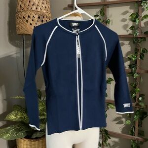 PXG Women's NWT Varsity V-Neck Ribbed Piped Cardigan Navy White XS